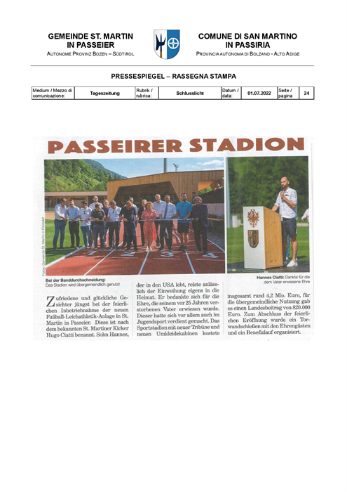 Tageszeitung - Lo stadio della Val Passiria